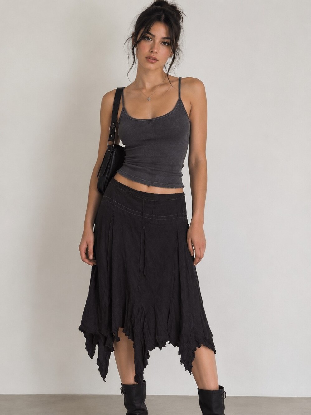 Marithe Francois Girbaud Asymmetrical Handkerchief Hem Black Midi Skirt